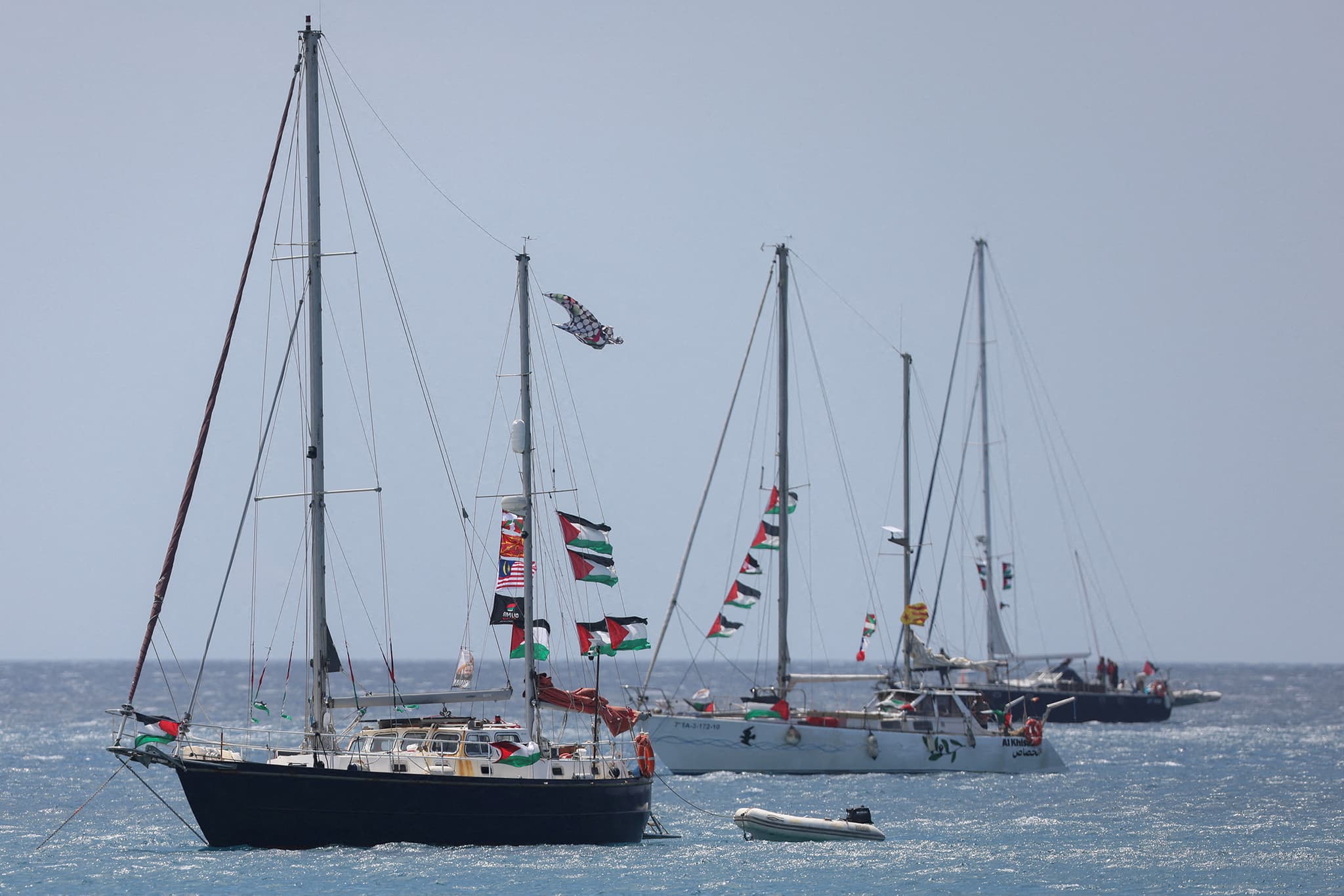 Vessels of the Global Sumud Flotilla, which was intercepted on international waters by the Israeli Navy, sail off the city of Ierapetra, on the island of Crete, Greece, 1 May 2026.